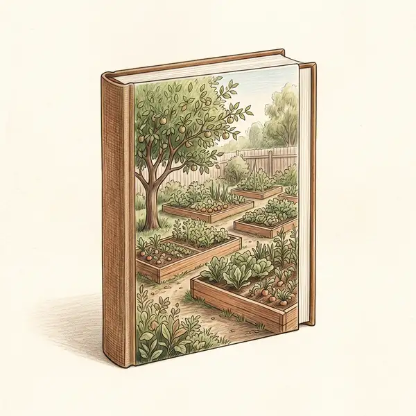Illustration of a book about home-scale permaculture gardening