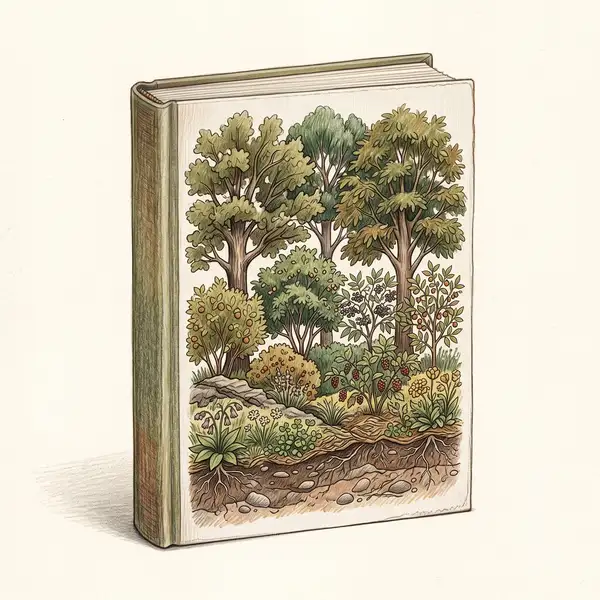 Illustration of a book about creating a temperate forest garden