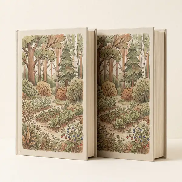 Illustration of a two-volume set about edible forest gardens