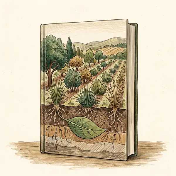 Illustration of a book about carbon farming and perennial crops