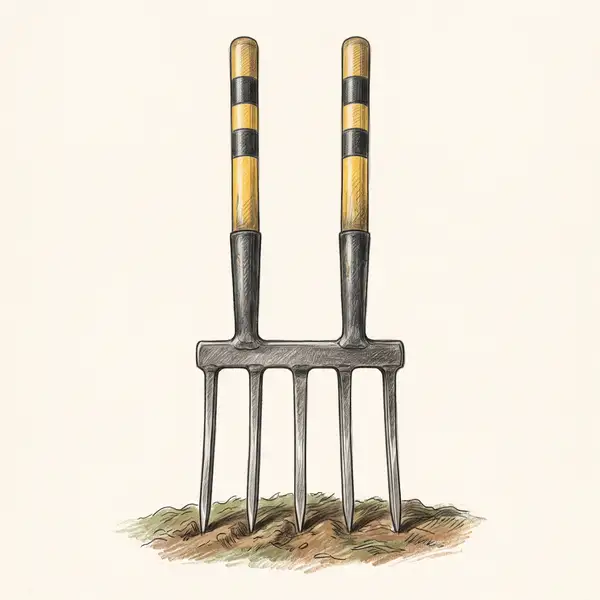 Colored-pencil illustration of a Bully Tools broadfork with fiberglass handles