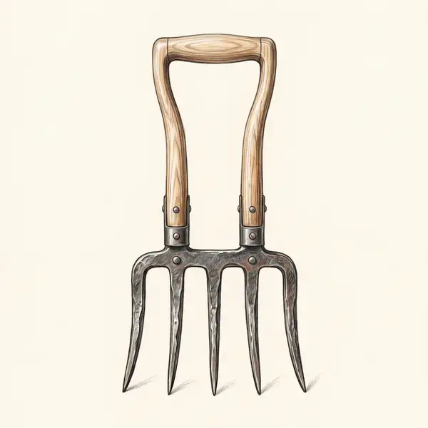 Colored-pencil illustration of a CobraHead broadfork with ash-wood handles