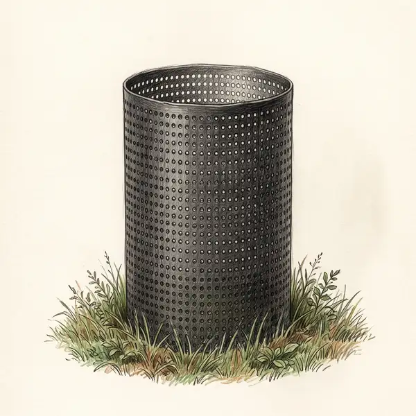 Colored-pencil illustration of a GEOBIN black mesh compost bin ring