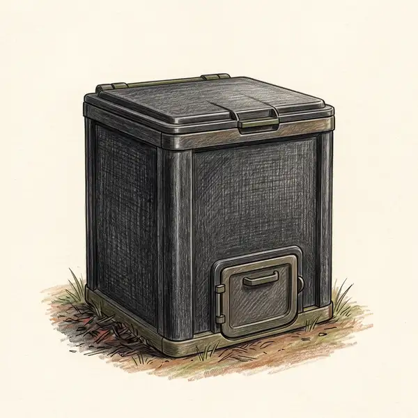 Colored-pencil illustration of an enclosed VEVOR outdoor compost bin