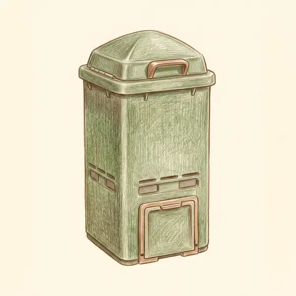 Colored-pencil illustration of a green insulated Exaco Aerobin composter
