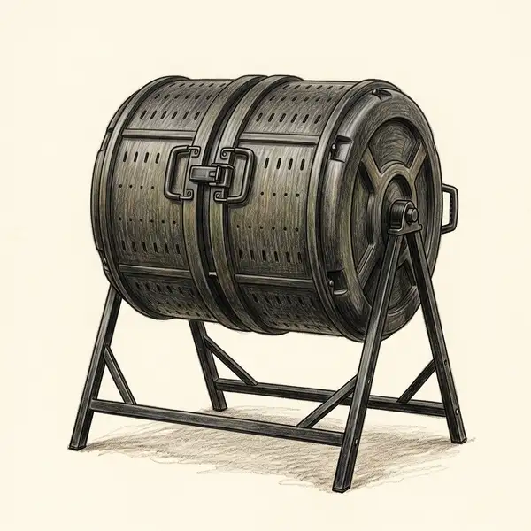 Colored-pencil illustration of a VIVOSUN dual-chamber compost tumbler