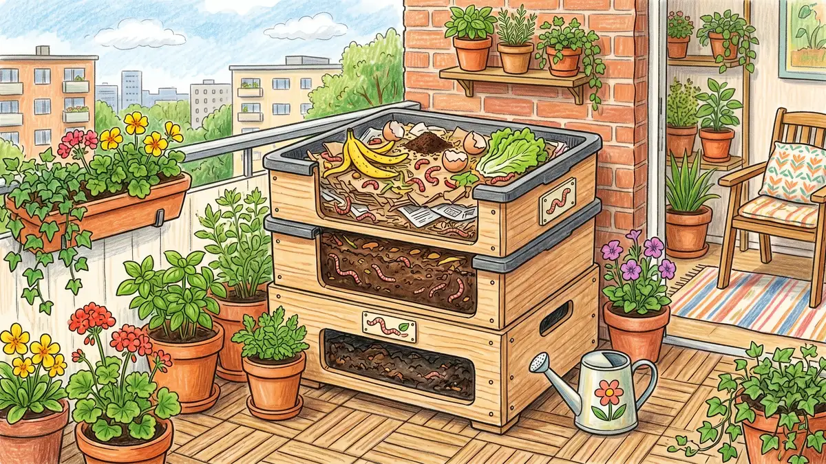 Pencil crayon illustration of a small apartment balcony with a tidy layered worm composting bin surrounded by potted plants