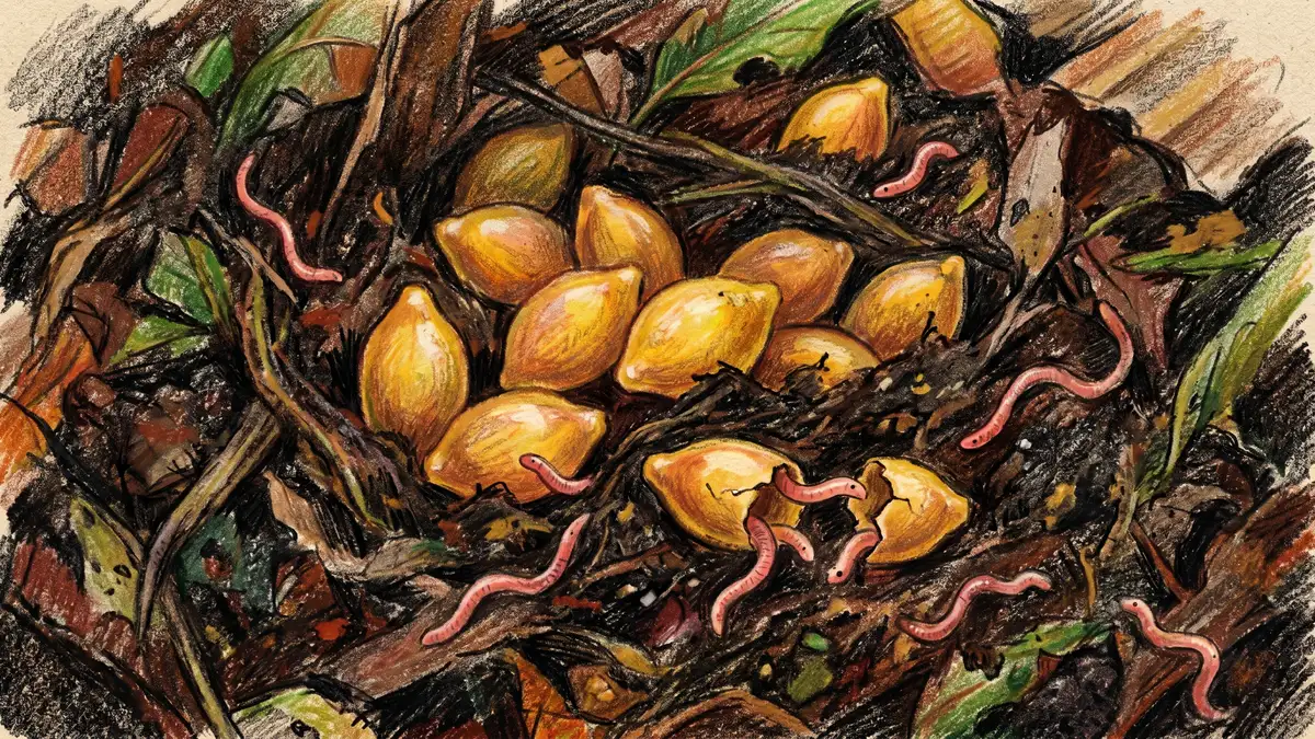 Close-up pencil crayon illustration of golden amber red wiggler cocoons nestled in dark vermicompost bedding with baby worms hatching