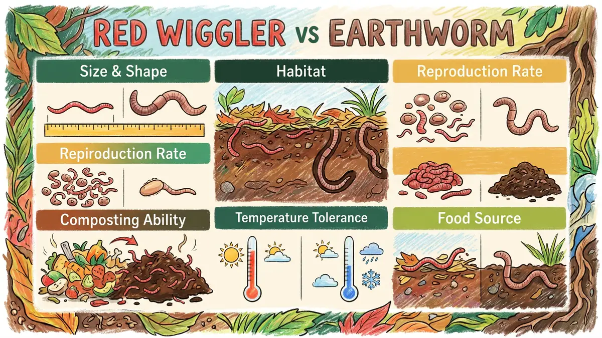 Pencil crayon infographic comparing red wiggler worms and earthworms across size habitat reproduction composting ability and temperature tolerance