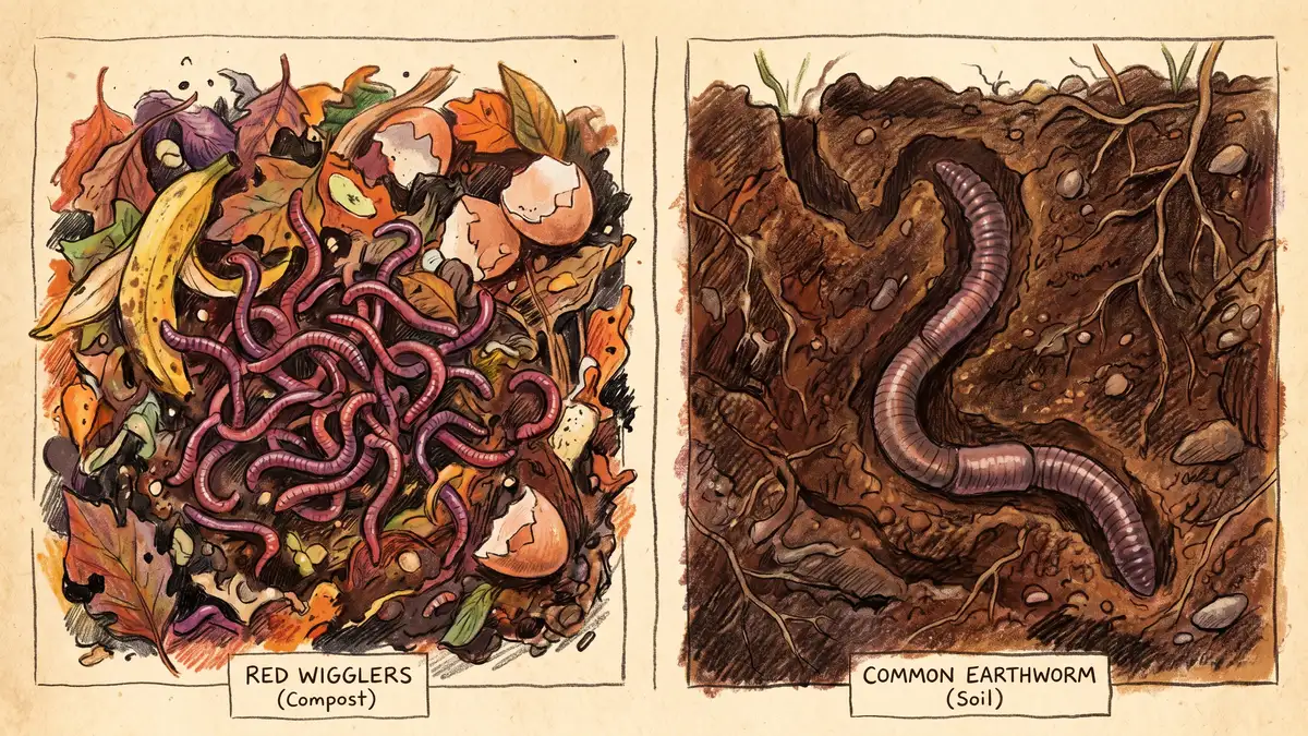 Pencil crayon illustration comparing red wiggler composting worms in compost beside larger earthworms burrowing in garden soil