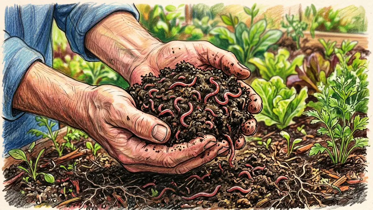 Pencil crayon illustration of hands holding rich dark vermicast worm castings with red wiggler worms visible in a garden setting