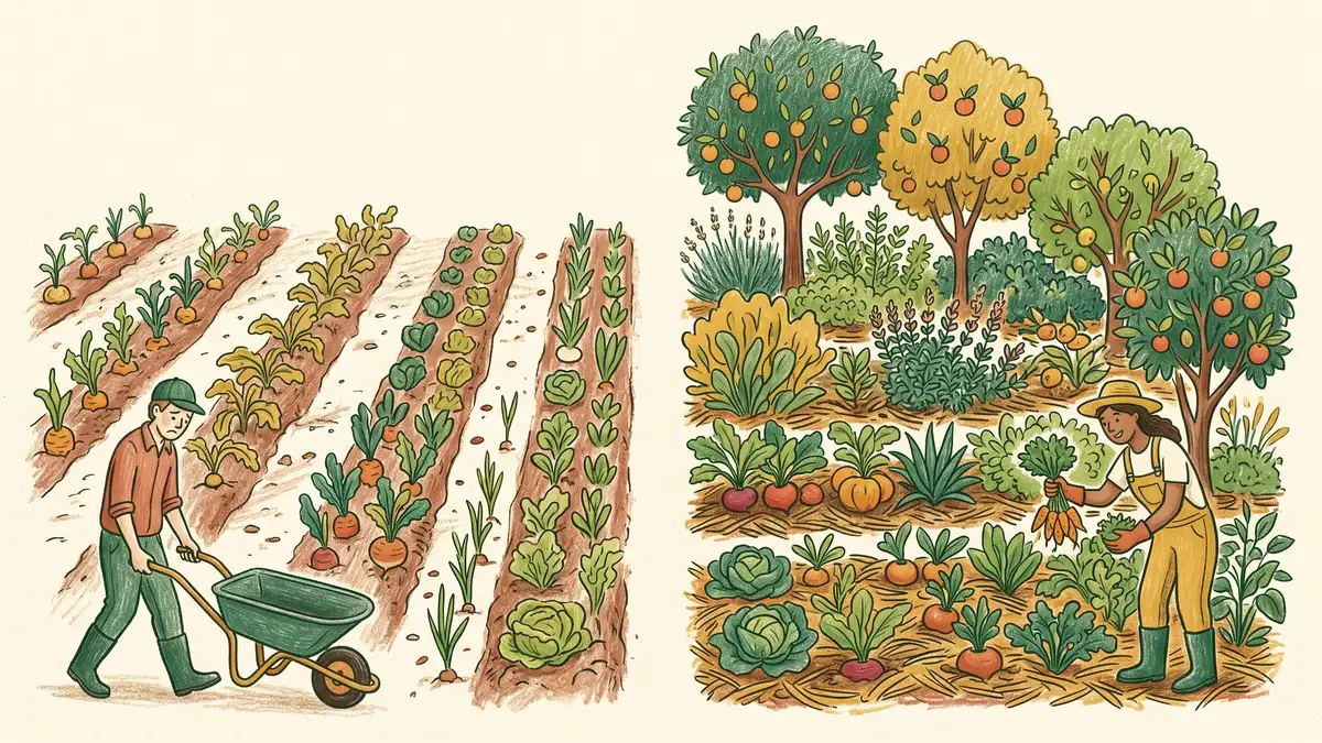 Side-by-side pencil-crayon comparison of a tired conventional row garden with bare soil and a thriving permaculture garden with diverse layers and mulched soil in late August