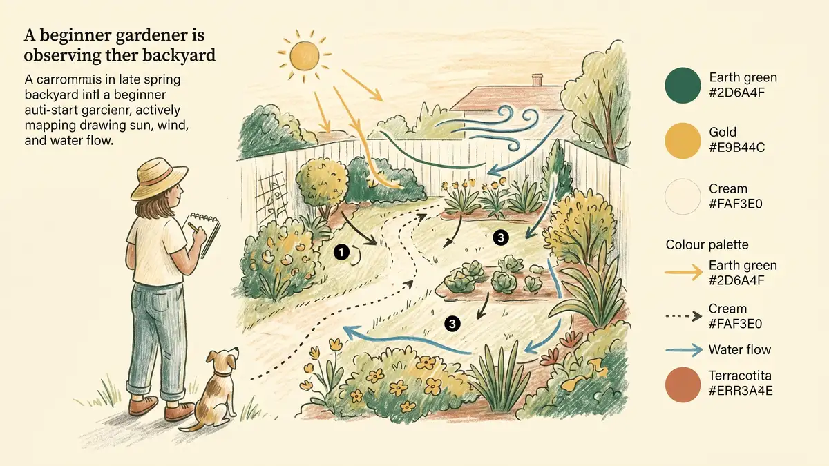 A beginner gardener observing their suburban backyard with a sketchbook, drawing zones and arrows for sun, wind, and water flow