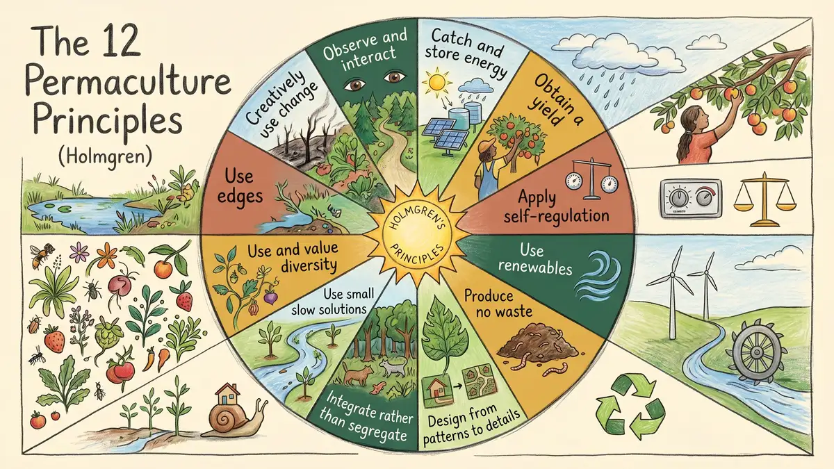 Pencil-crayon infographic wheel showing David Holmgren's 12 permaculture design principles arranged in segments around a center sun