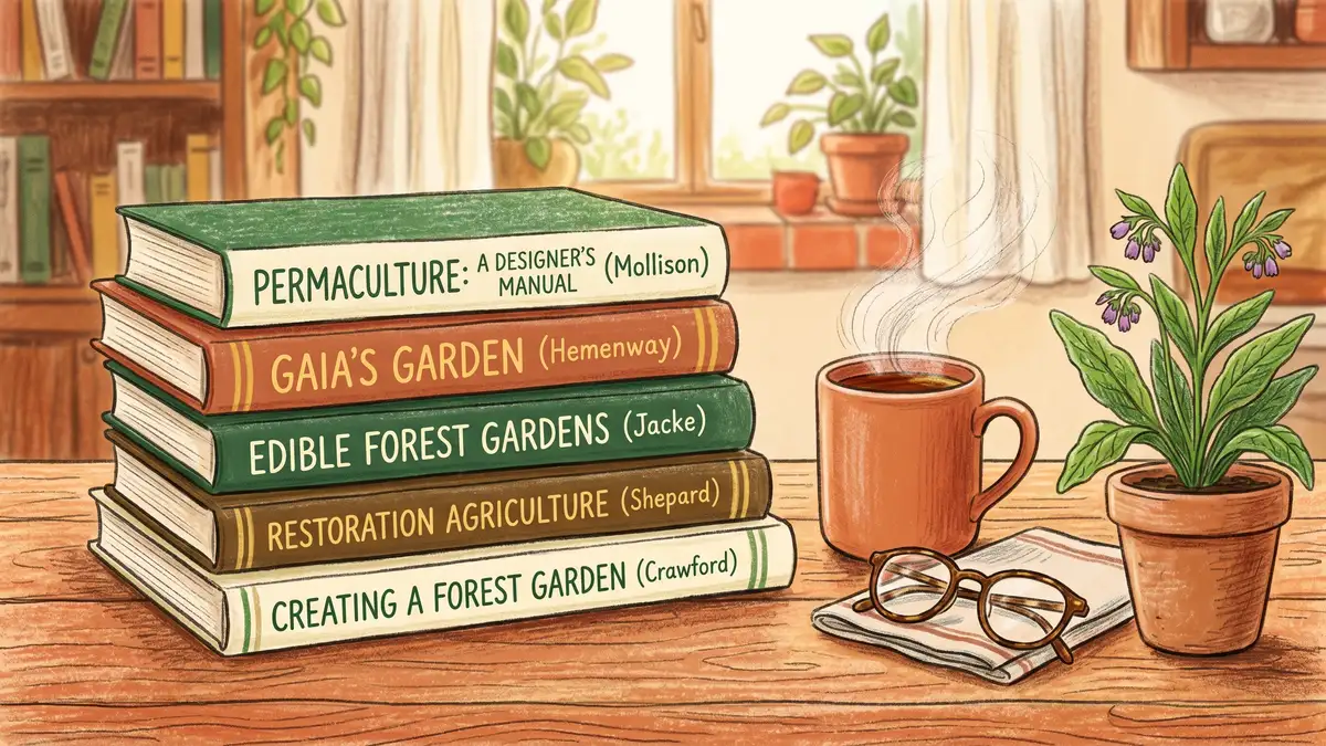 Stack of permaculture books by Mollison, Hemenway, Jacke, Shepard, and Crawford with a mug of tea and a potted comfrey plant on a wooden table