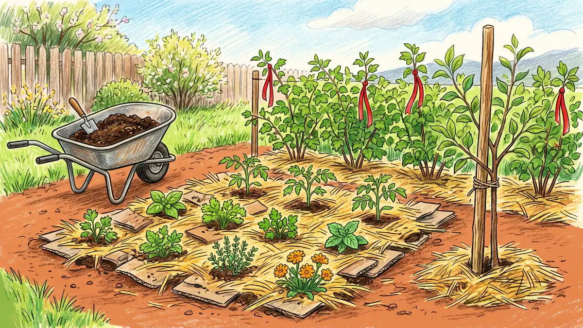 Small starter permaculture garden after one season with sheet-mulched beds, tomato seedlings, herbs, an apple sapling, and a berry hedge