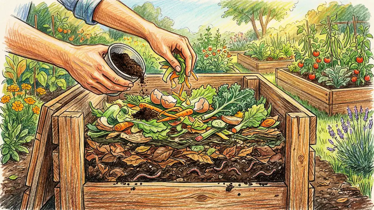 Hands adding fresh vegetable scraps and coffee grounds into an open wooden compost bin in a sunny backyard garden with raised beds