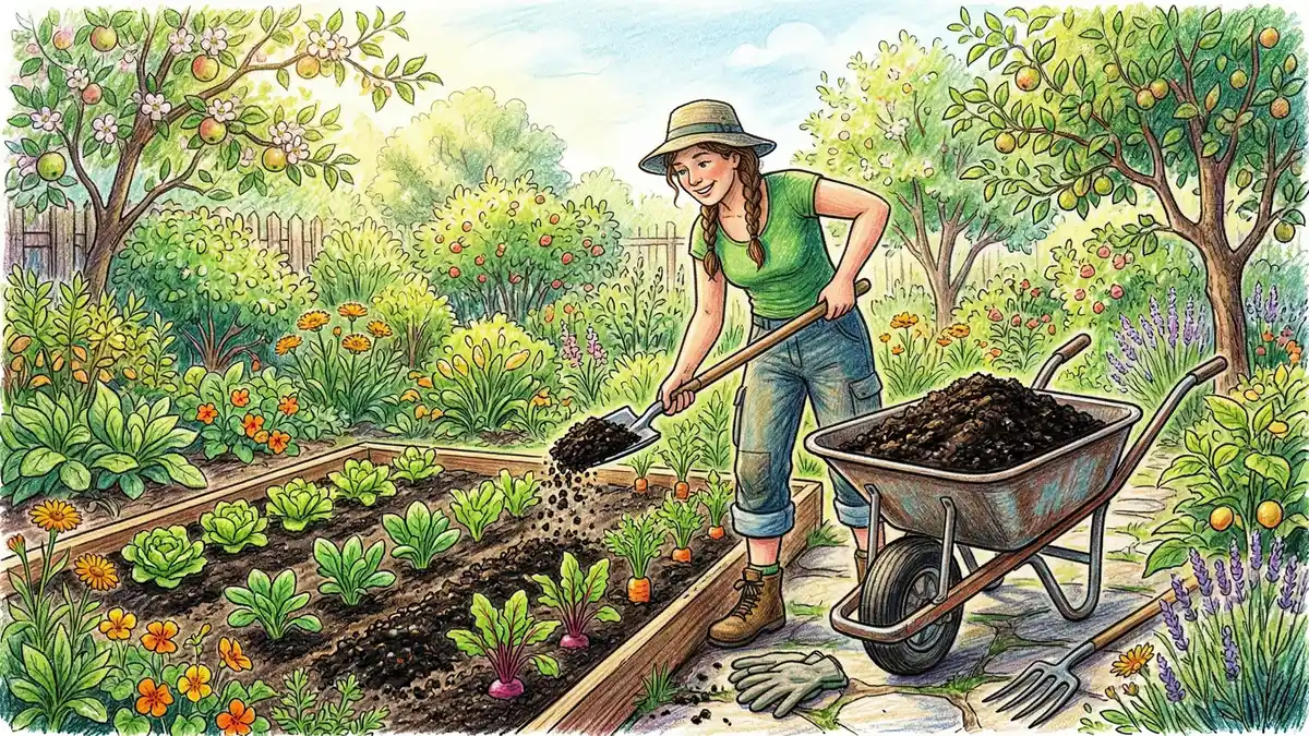 Gardener spreading rich dark finished compost from a wheelbarrow onto a vegetable garden bed with young seedlings in morning light