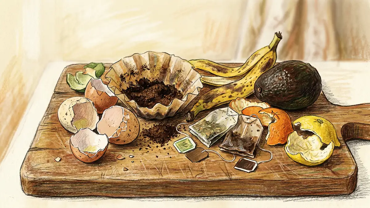 Close-up of common compostable kitchen items including cracked eggshells coffee grounds banana peel and citrus rinds on a wooden cutting board