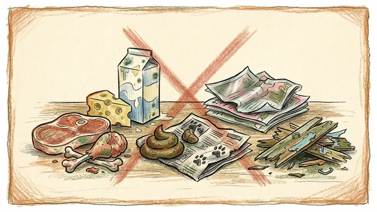 Illustrated warning scene showing items that should not go in a home compost bin including raw meat dairy products and treated wood