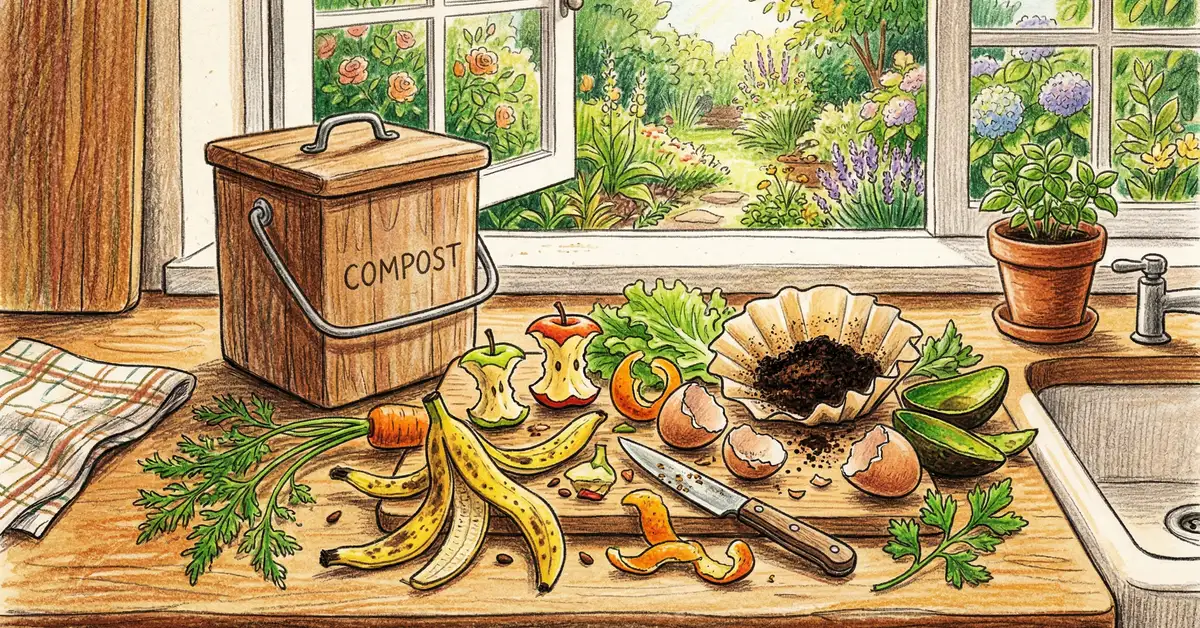 Colorful kitchen counter with fruit and vegetable scraps, eggshells, and coffee grounds ready for composting in a wooden collection bin
