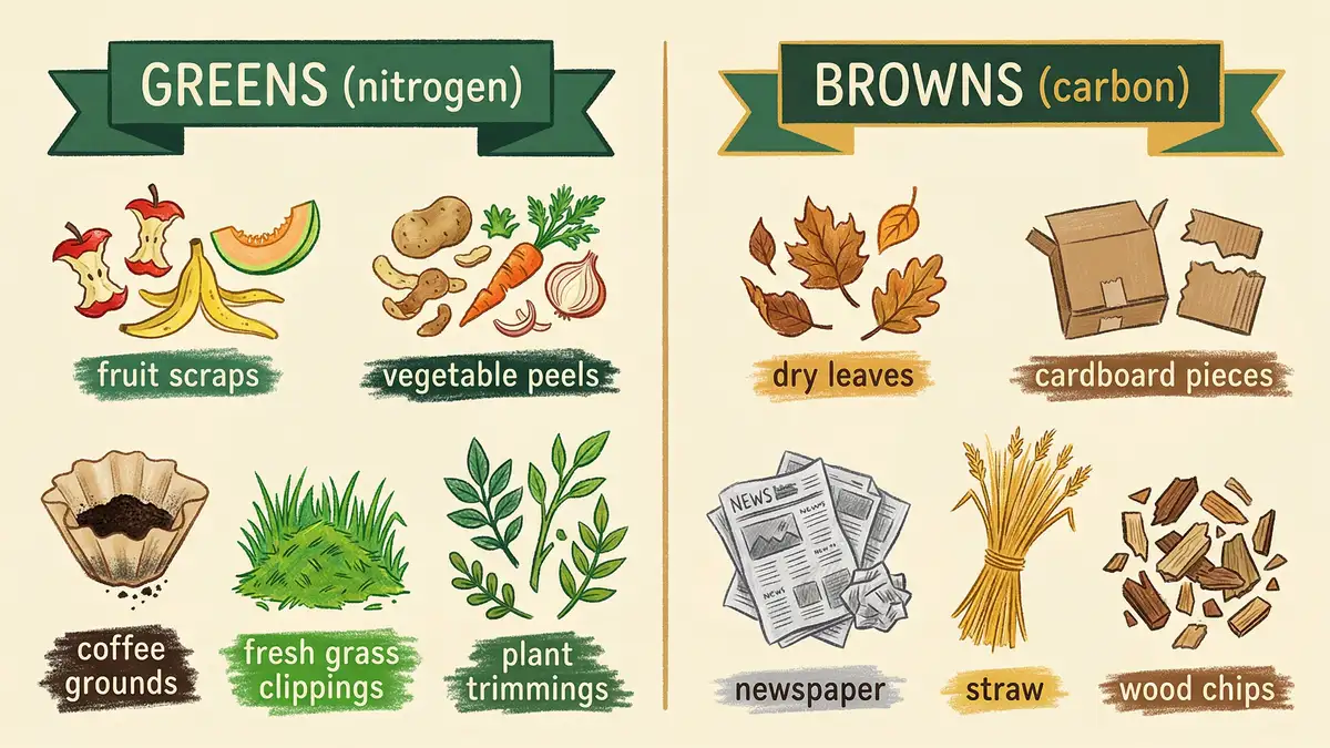 Illustrated infographic comparing green nitrogen-rich compost materials like fruit scraps and grass with brown carbon-rich materials like dry leaves and cardboard