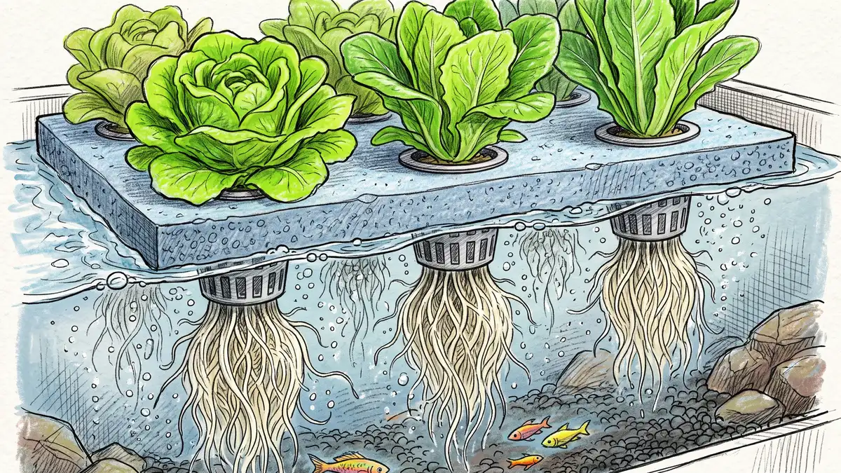 Bright green lettuce growing on floating rafts with long white roots dangling into clear aquaponics water in a deep water culture system