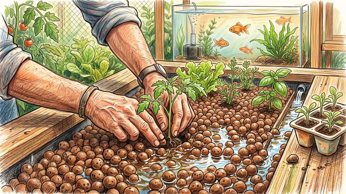 A gardener's hands planting seedlings into a media-bed aquaponics grow bed filled with brown clay pebbles, with a fish tank in the background