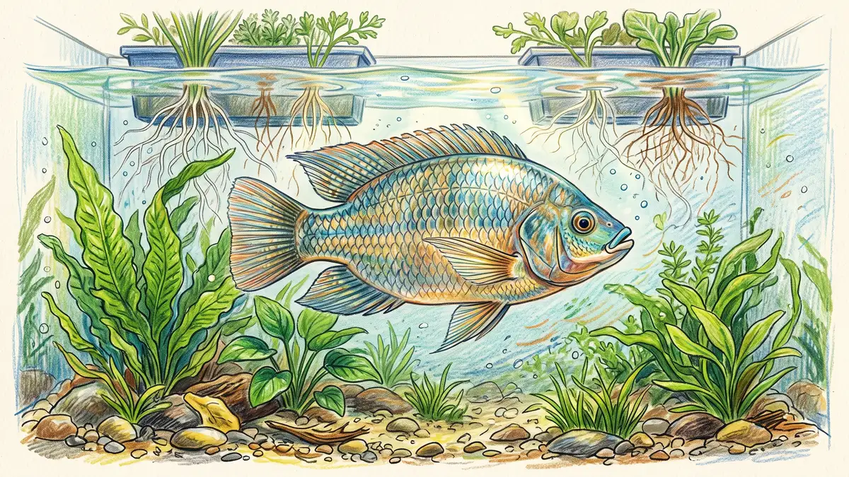 A single healthy tilapia swimming in clear aquaponics tank water, the warm-water fish most commonly raised in home systems