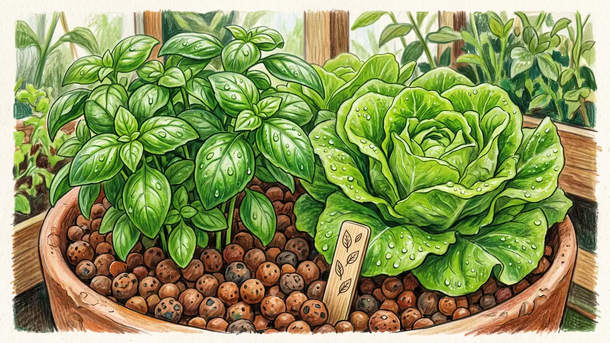 A lush cluster of green basil and butterhead lettuce growing in brown clay-pebble grow media with water droplets on the leaves