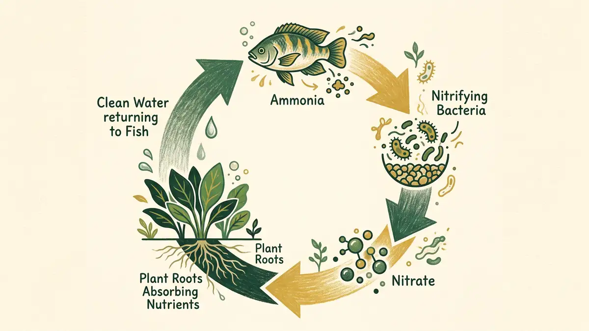 Infographic of the aquaponics nitrogen cycle loop: fish release ammonia, bacteria convert it to nitrite then nitrate, plants absorb nitrate and clean the water