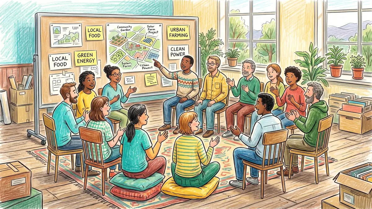 A diverse group of townspeople sitting in a circle at a community planning meeting, discussing local food and energy projects in a bright hall
