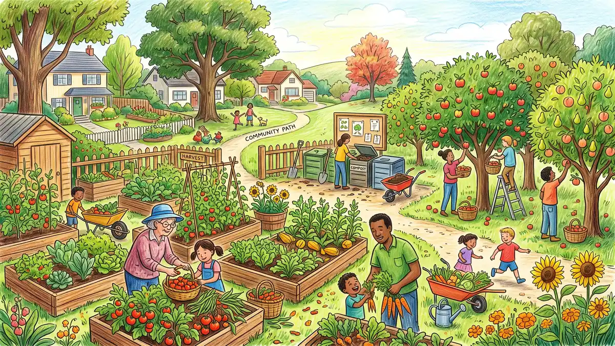 A thriving neighborhood community garden and shared orchard with raised vegetable beds, fruit trees, and people of all ages harvesting together