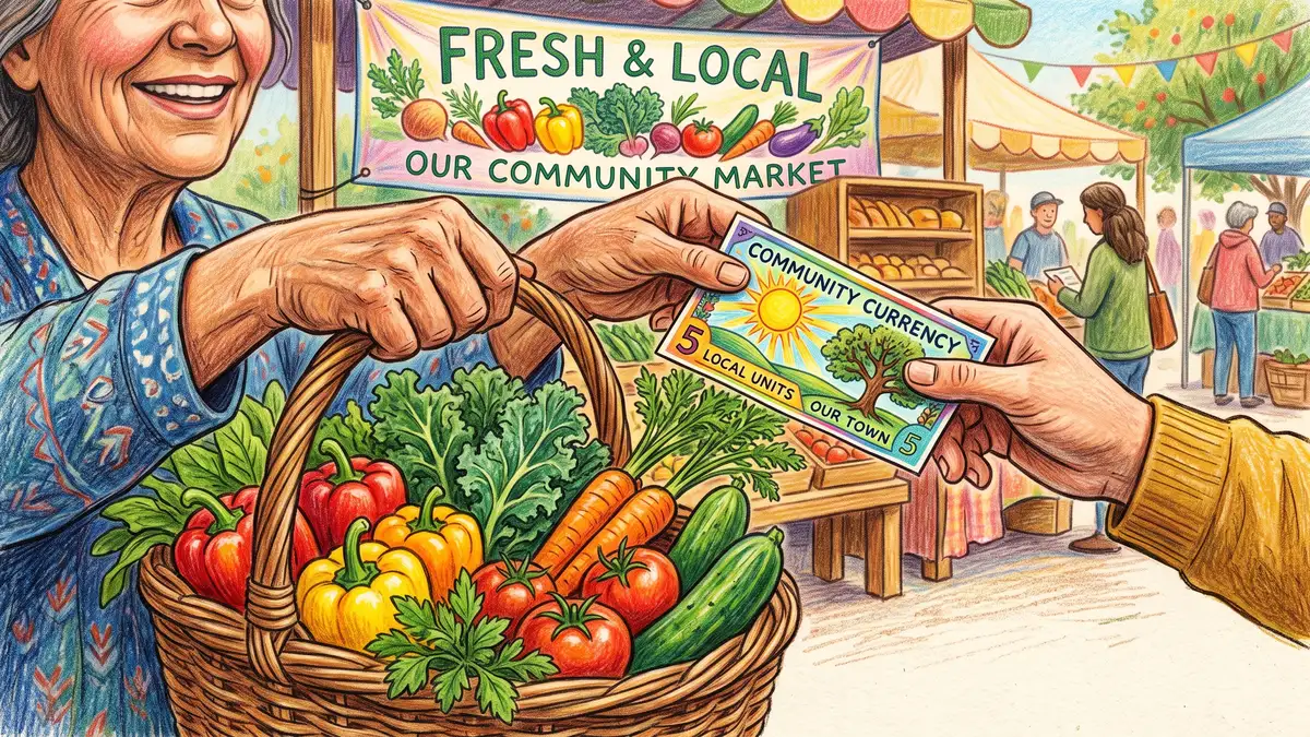 Hands exchanging a basket of fresh local vegetables and a colorful community currency note at a friendly farmers market stall