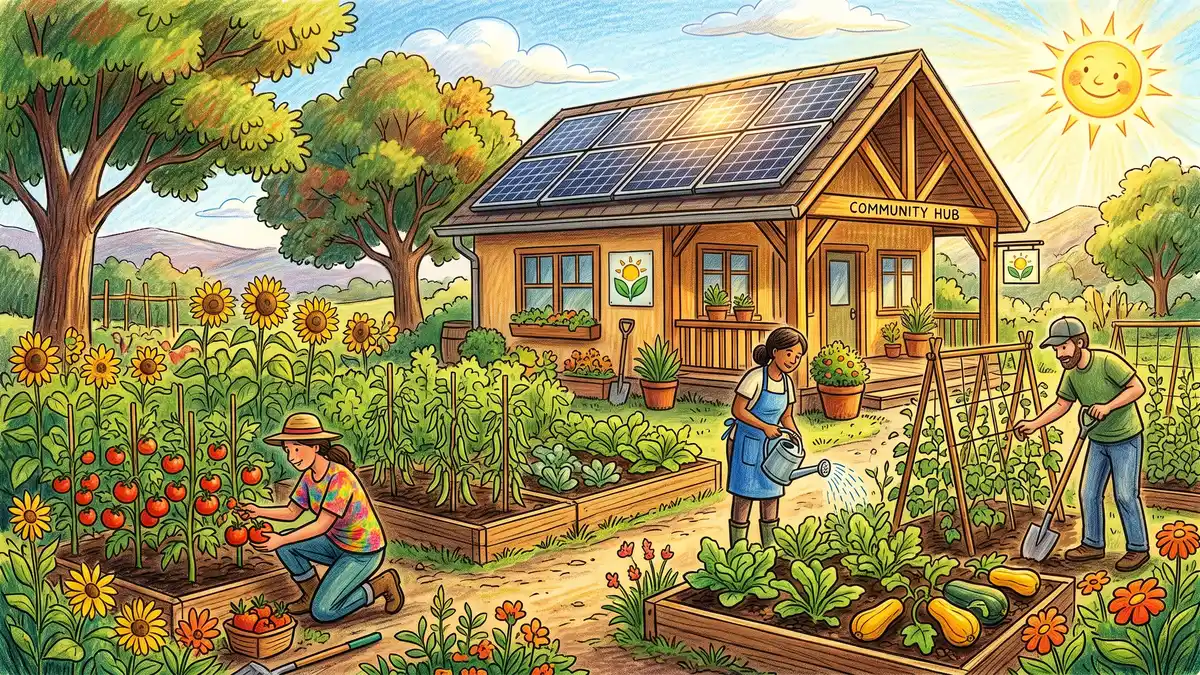 A small community building with rooftop solar panels beside a flourishing vegetable garden, a symbol of local renewable energy and shared resilience