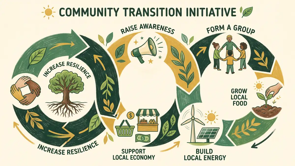 Circular infographic showing the stages of a community Transition initiative: raise awareness, form a group, grow local food, build local energy, support a local economy, and increase resilience