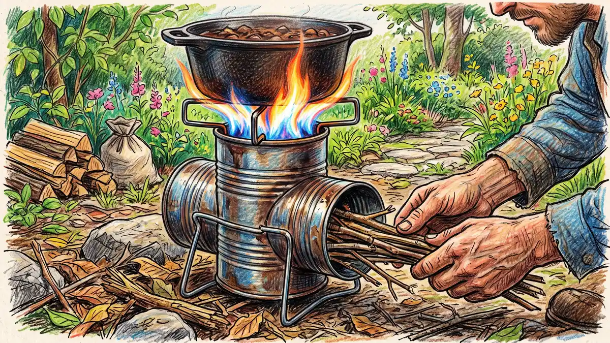 A person cooking a pot of food on a homemade metal-can rocket stove outdoors with a small bundle of twigs as fuel and a clean flame