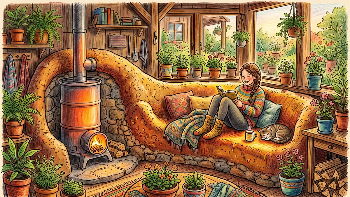 A cozy cabin interior with a rocket mass heater and a long cob thermal-mass bench that stores heat, with a person sitting on the warm bench
