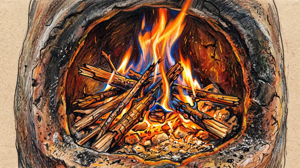 Extreme close-up of dry twigs burning with a clean, hot, nearly smokeless flame at the mouth of a rocket stove feed tube
