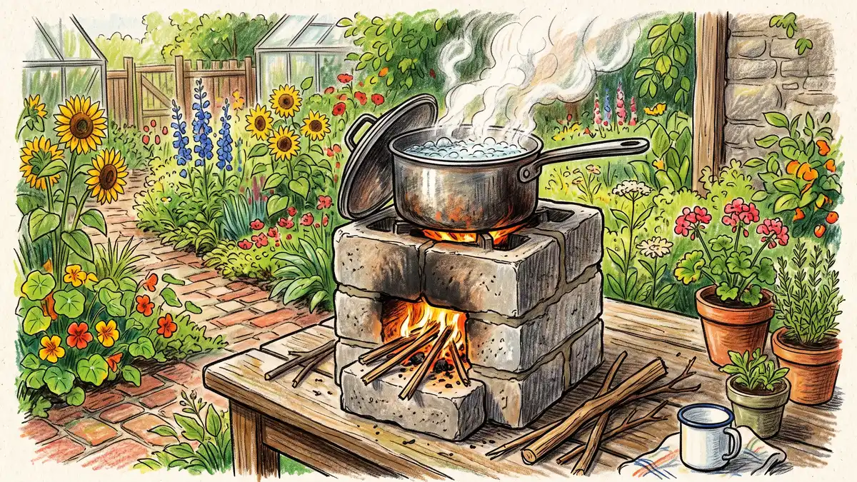 A pot of water boiling rapidly on top of a simple cinder-block rocket stove with steam rising and a few sticks of firewood beside it
