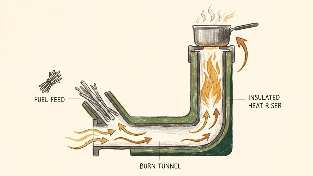 Labeled cutaway diagram of a J-tube rocket stove showing the fuel feed, horizontal burn tunnel, and tall insulated heat riser with the flame path up to a cooking pot