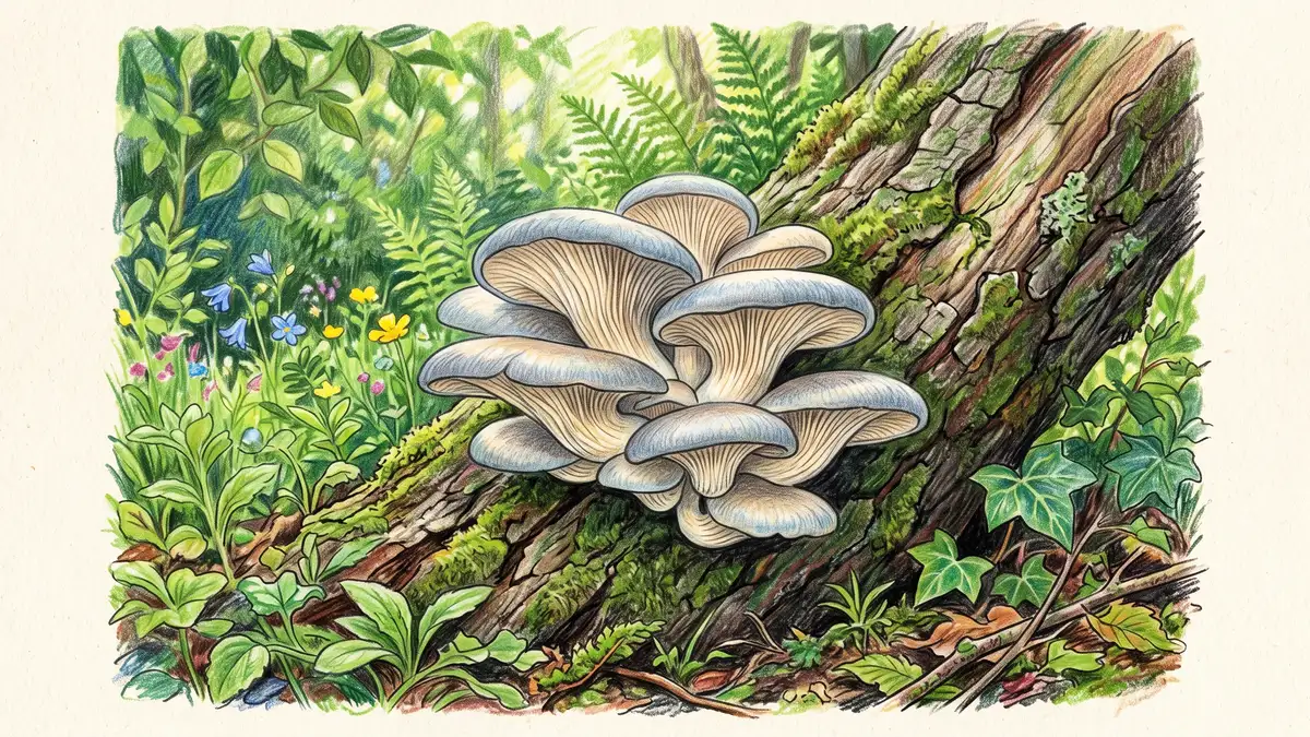A cluster of fresh oyster mushrooms fruiting from an inoculated hardwood log leaning in a shady, leafy permaculture garden corner