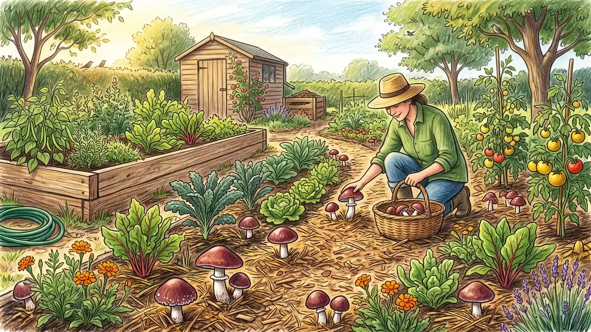 A wine cap king stropharia mushroom bed in a wood-chip garden path with large burgundy-capped mushrooms emerging among vegetables