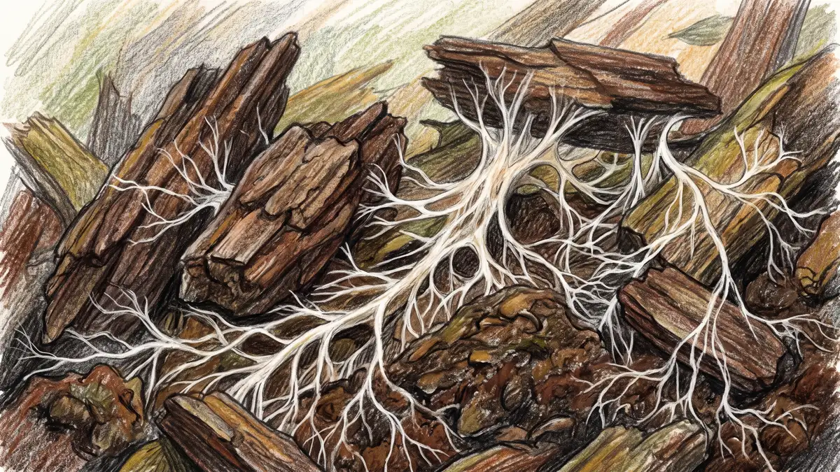 Extreme close-up of white fungal mycelium threads spreading through brown wood chips and rich garden substrate