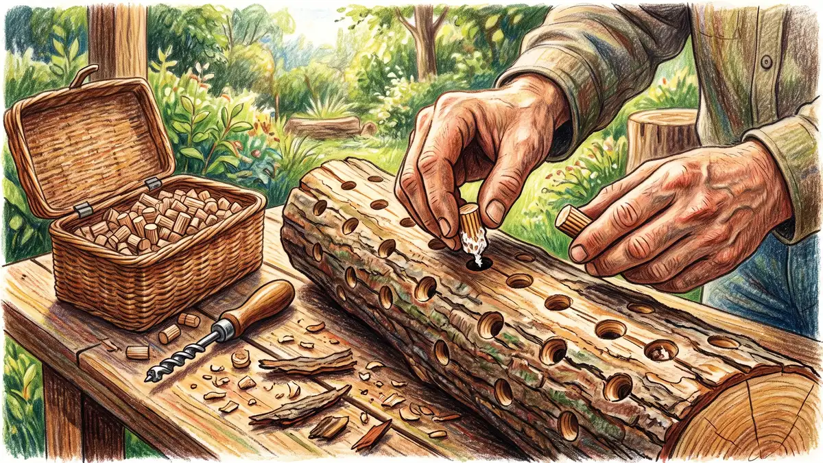 Close-up of hands inserting shiitake spawn plugs into drilled holes in a freshly cut hardwood log with a drill and dowel plugs nearby