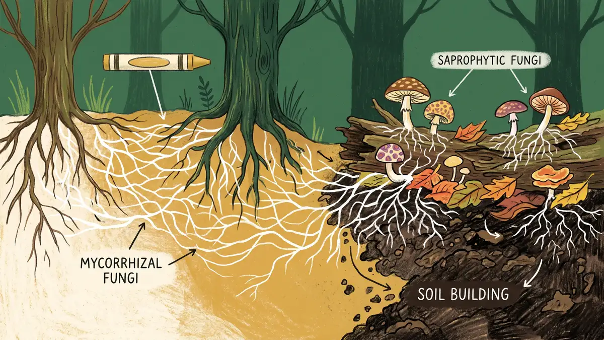 Infographic of the fungal layer: mycorrhizal fungi connecting tree roots on one side and saprophytic fungi decomposing a log and leaves into soil on the other