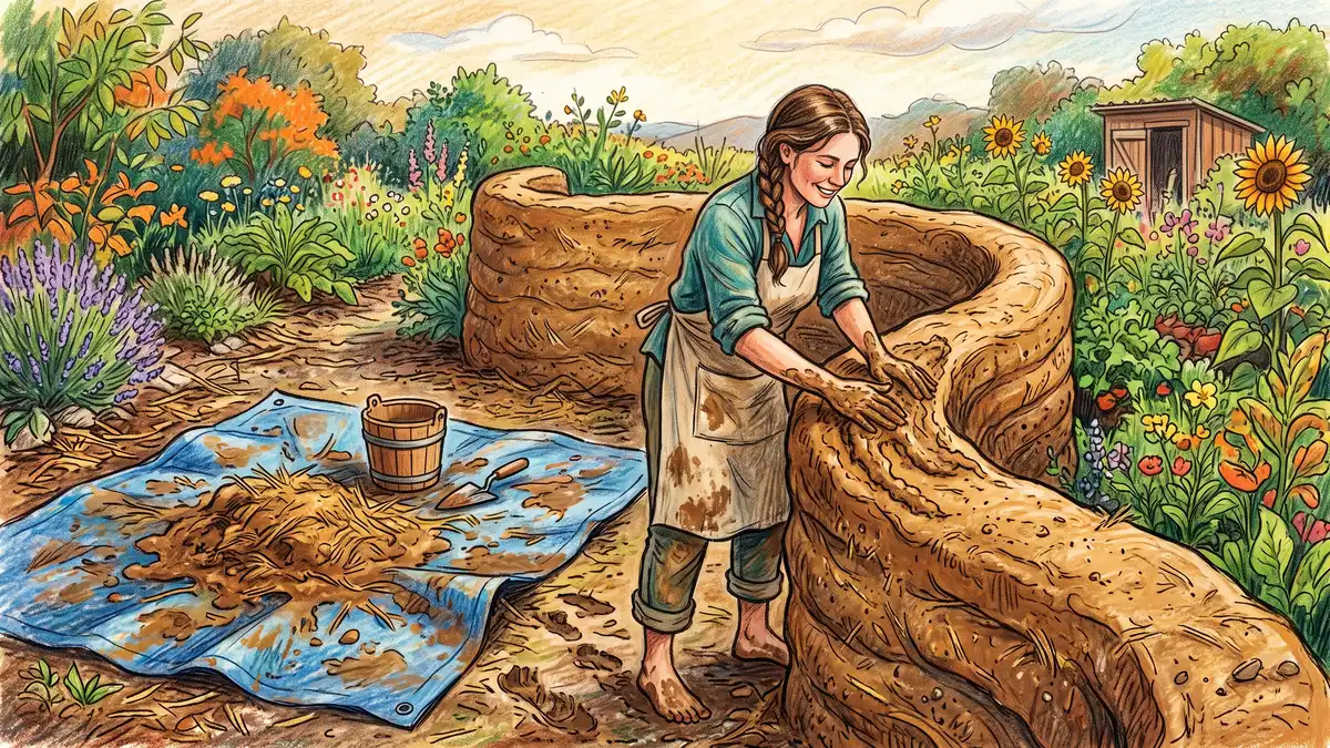A person hand-sculpting a curved cob garden wall from a wet mix of clay, sand, and straw in a sunny permaculture garden