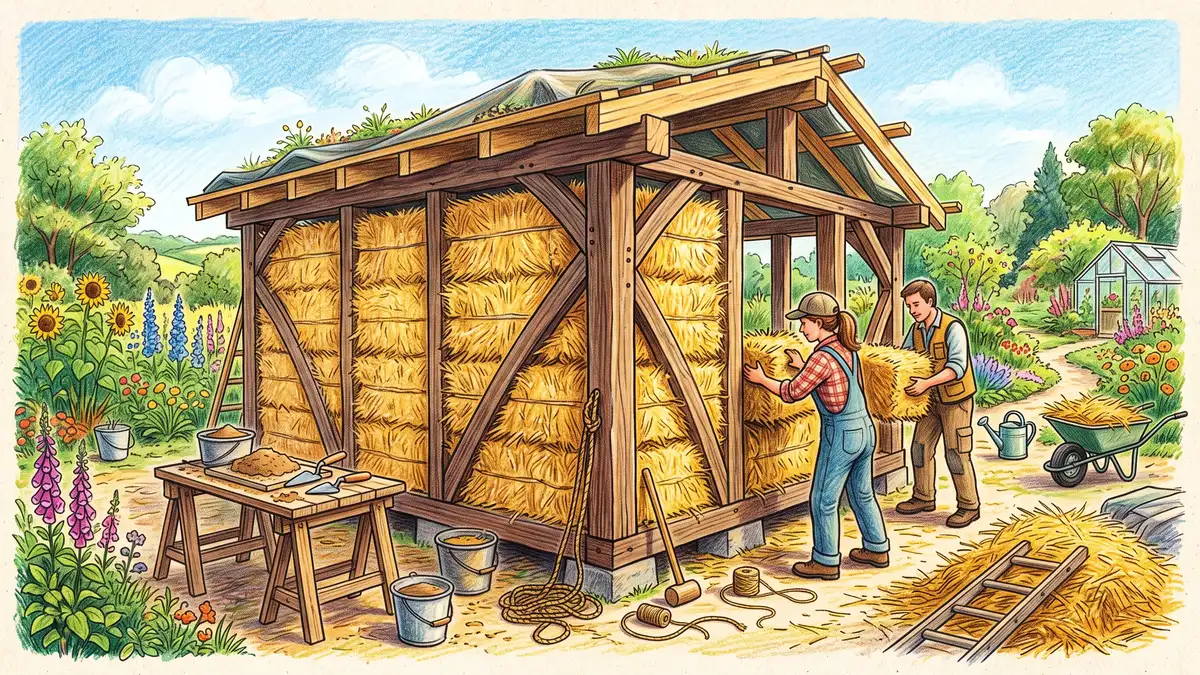 A straw bale wall under construction with golden bales stacked between timber posts ready for earthen plaster on a sunny day