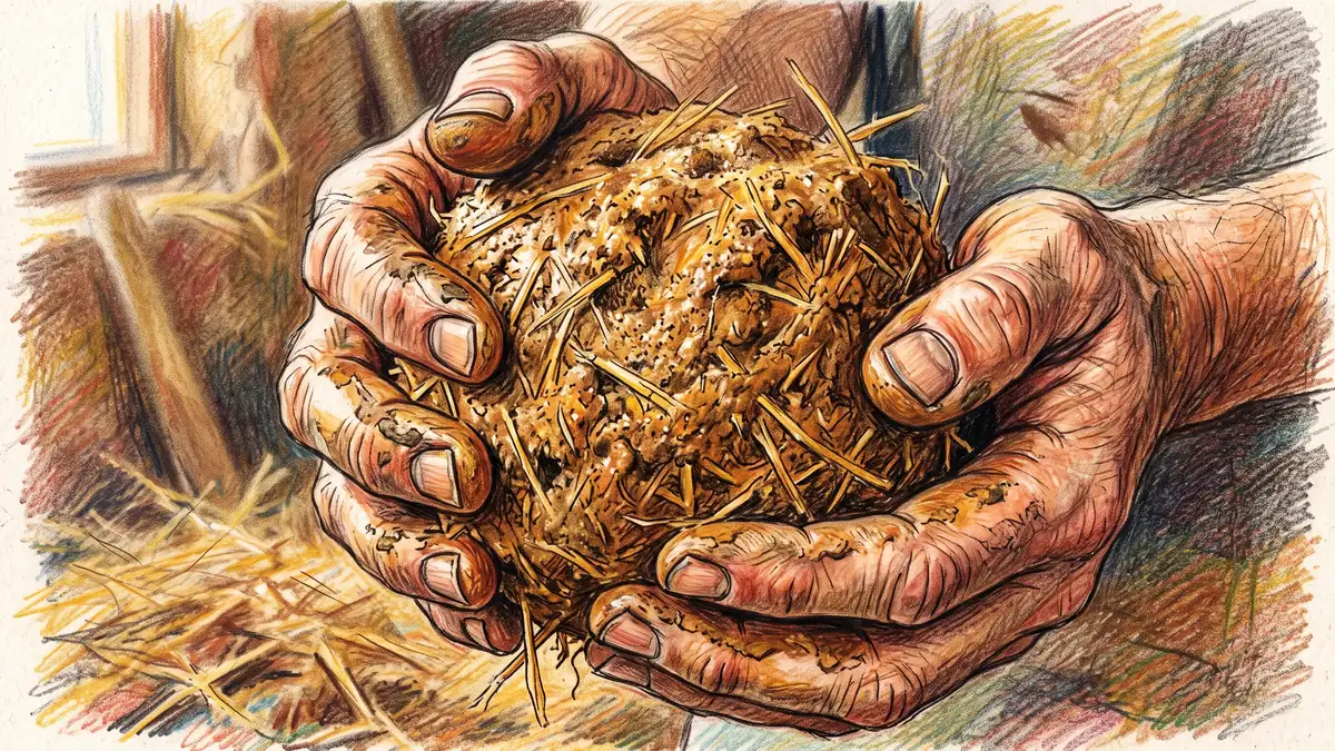 Close-up of two hands holding a ball of freshly mixed cob showing the texture of clay, sand, and golden straw fibers