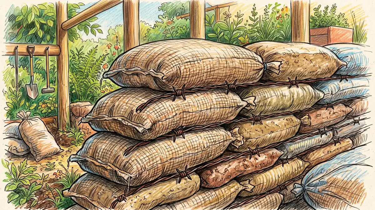 Close-up of an earthbag wall in progress with rows of filled polypropylene bags and barbed wire between courses